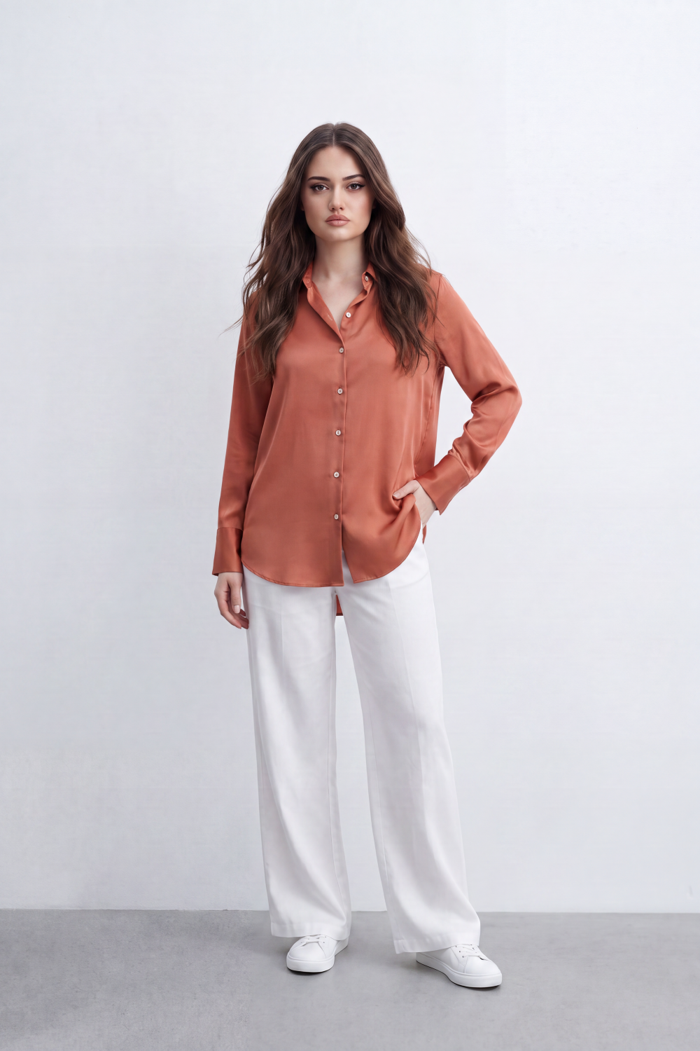 Women’s Tomato Store Liquid Sheen Blouse Glossy Smooth Surface Button Front Detail Back Pleat Finish Longline Relaxed Shape Curved Hem
