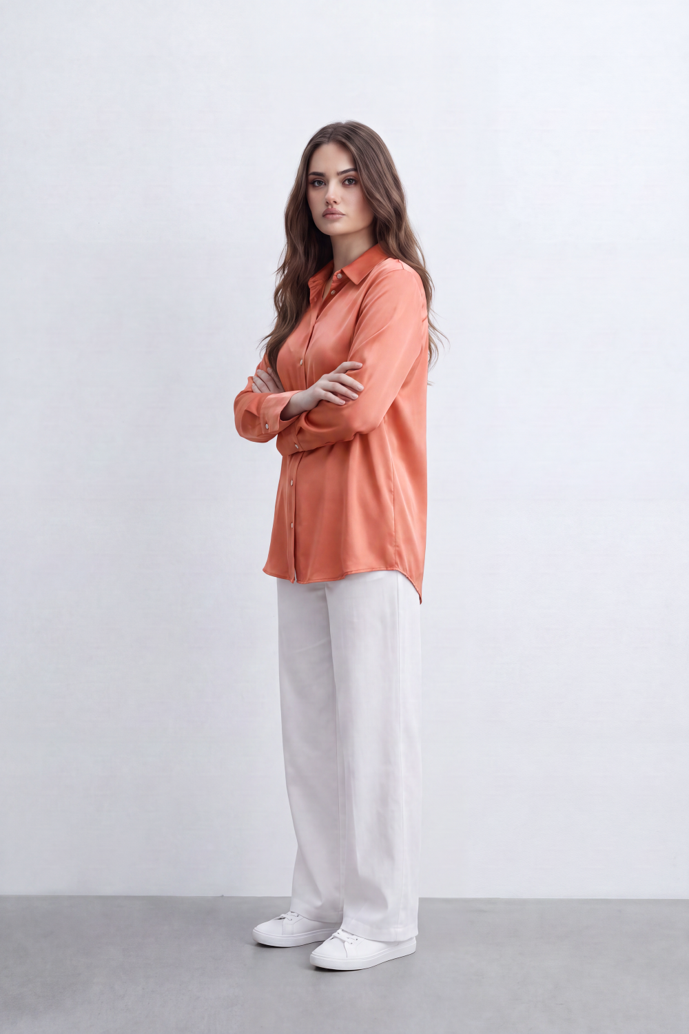 Women’s Tomato Store Liquid Sheen Blouse Glossy Smooth Surface Button Front Detail Back Pleat Finish Longline Relaxed Shape Curved Hem