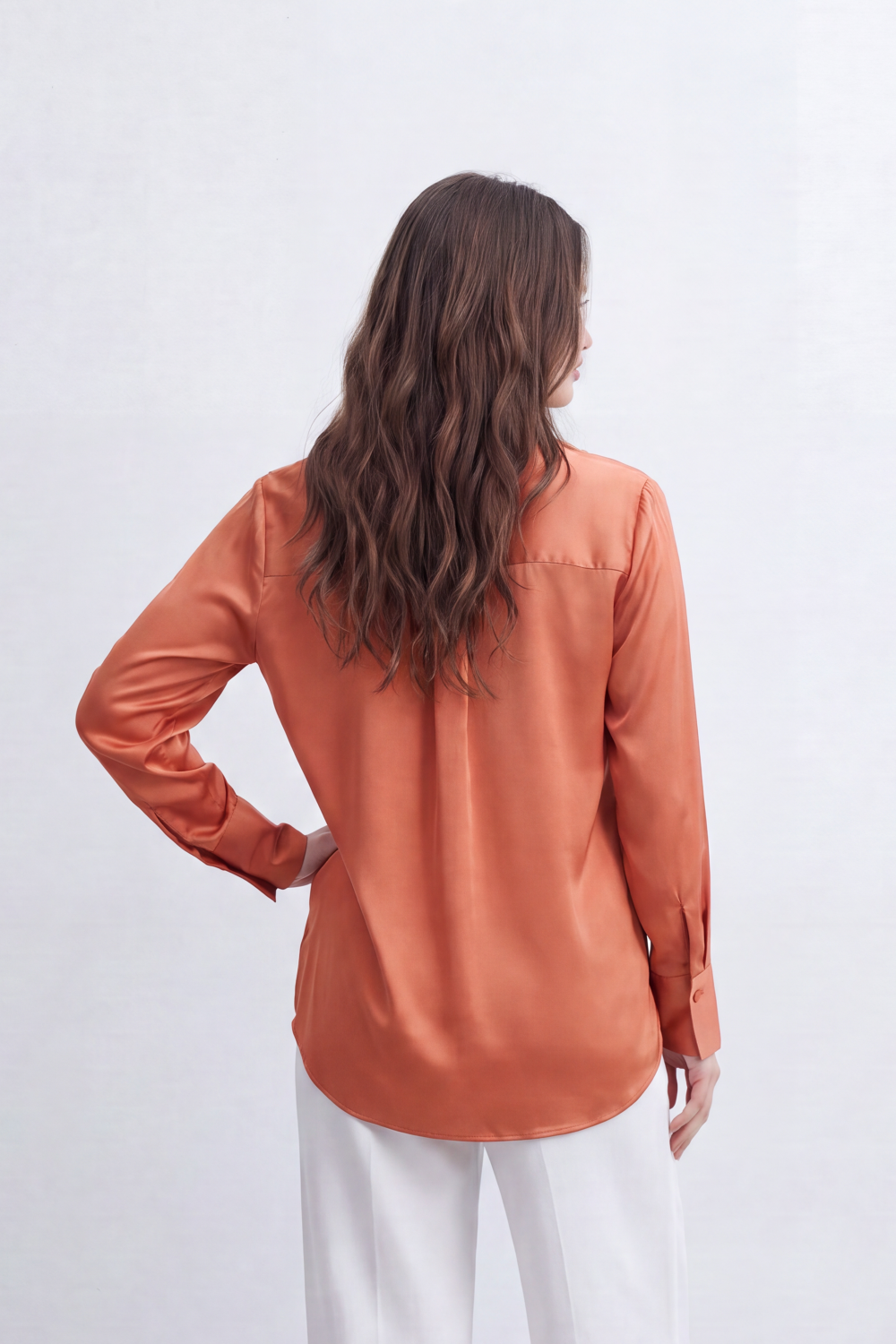 Women’s Tomato Store Liquid Sheen Blouse Glossy Smooth Surface Button Front Detail Back Pleat Finish Longline Relaxed Shape Curved Hem