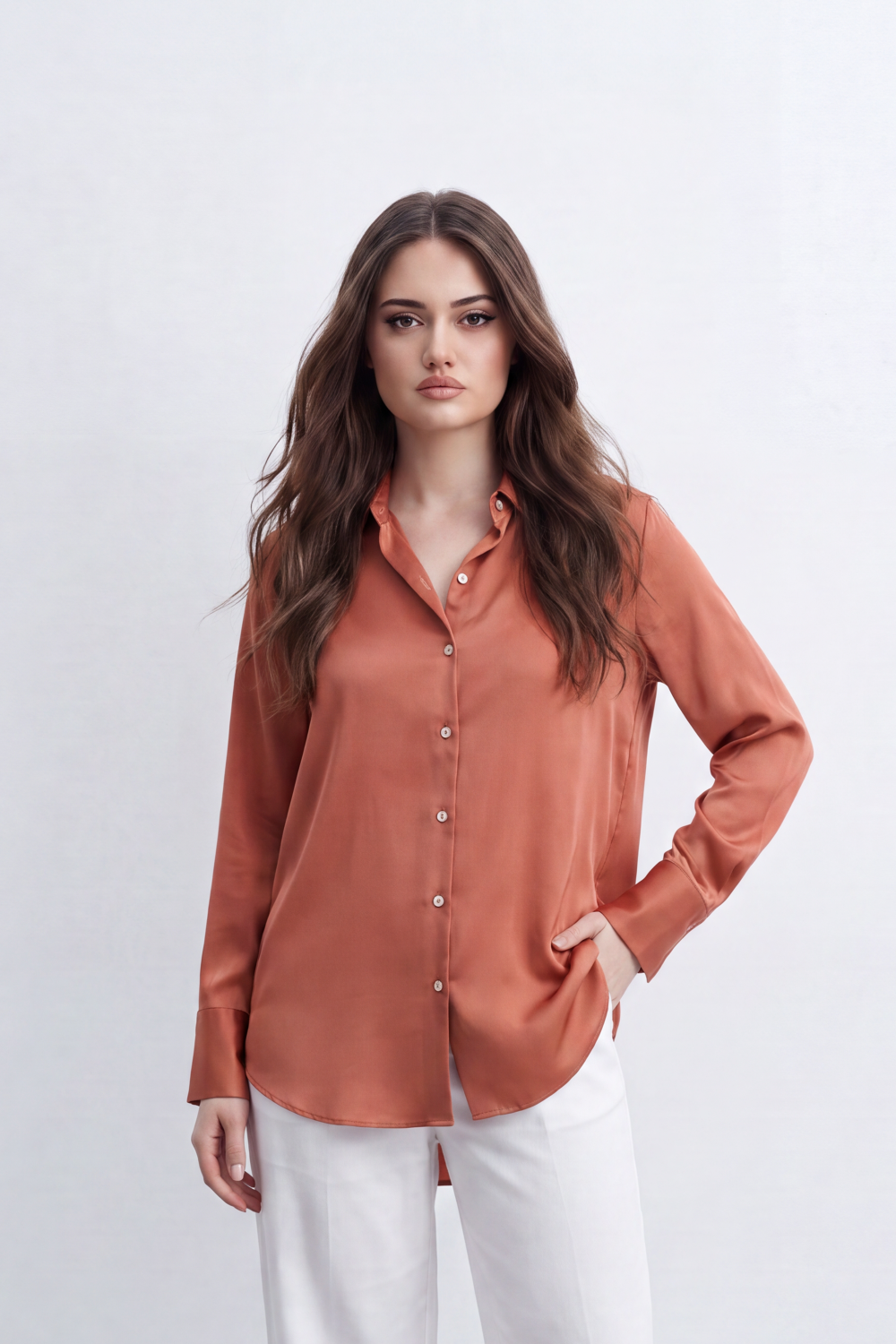 Women’s Tomato Store Liquid Sheen Blouse Glossy Smooth Surface Button Front Detail Back Pleat Finish Longline Relaxed Shape Curved Hem