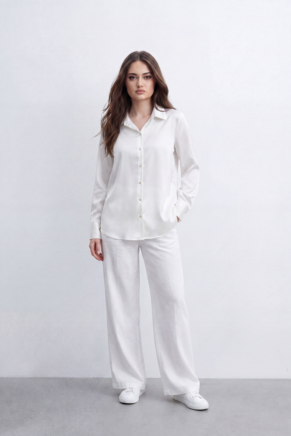 Women’s Tomato Store Liquid Sheen Blouse Glossy Smooth Surface Button Front Detail Back Pleat Finish Longline Relaxed Shape Curved Hem