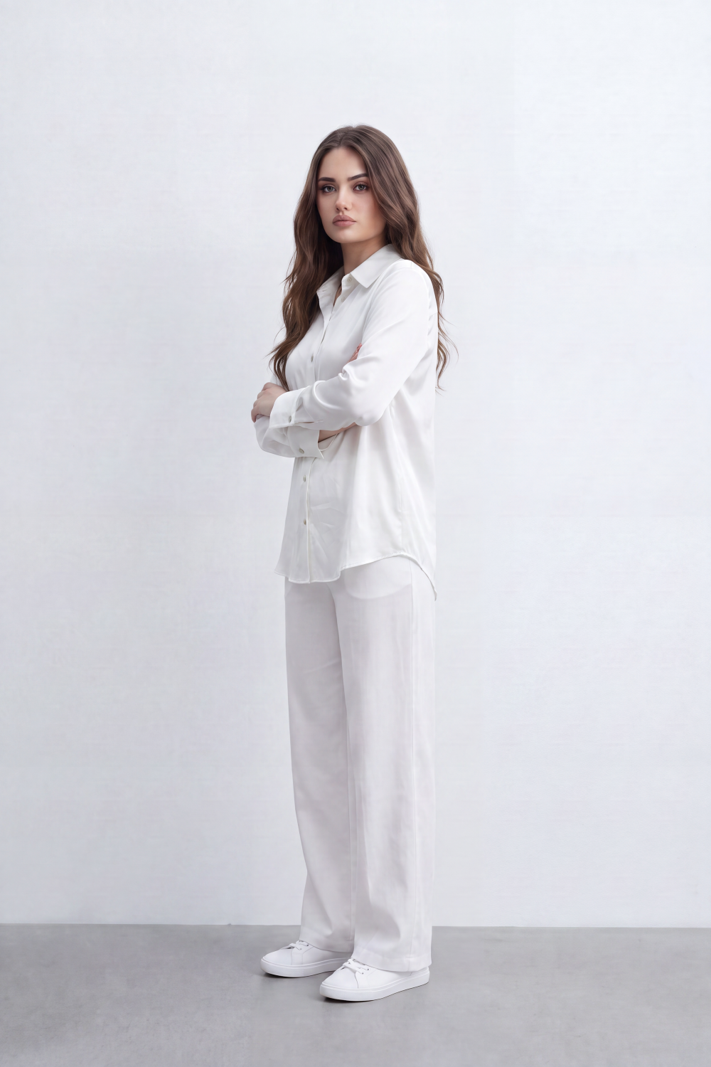 Women’s Tomato Store Liquid Sheen Blouse Glossy Smooth Surface Button Front Detail Back Pleat Finish Longline Relaxed Shape Curved Hem