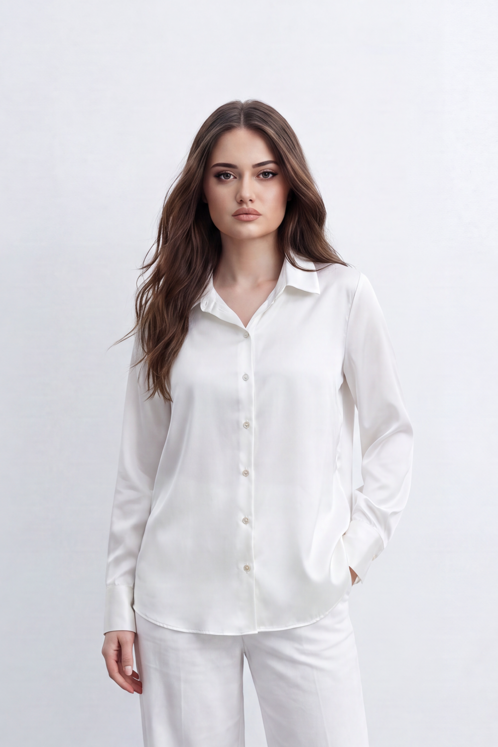 Women’s Tomato Store Liquid Sheen Blouse Glossy Smooth Surface Button Front Detail Back Pleat Finish Longline Relaxed Shape Curved Hem