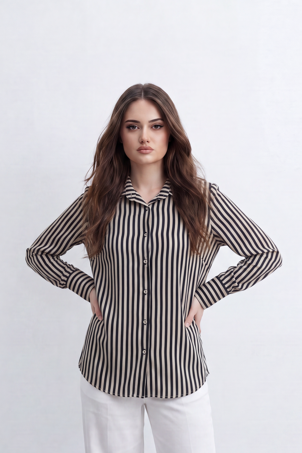 Women’s Tomato Store Line Edit Blouse Vertical Stripe Pattern Button Front Back Pleat Longline Shape And Polished