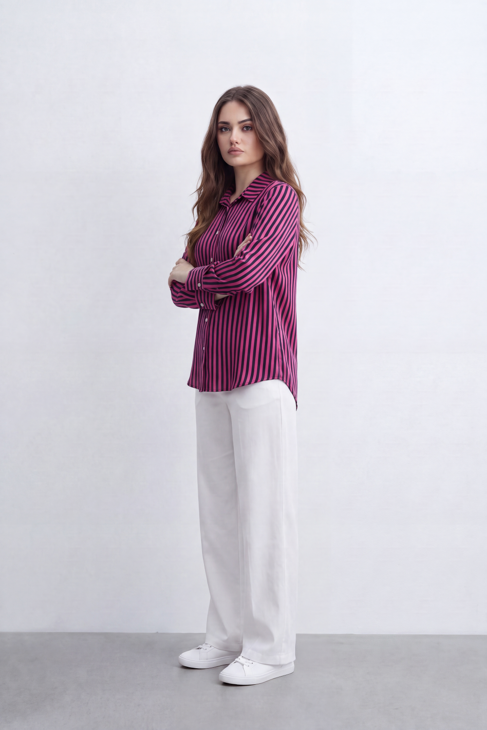 Women’s Tomato Store Line Edit Blouse Vertical Stripe Pattern Button Front Back Pleat Longline Shape And Polished