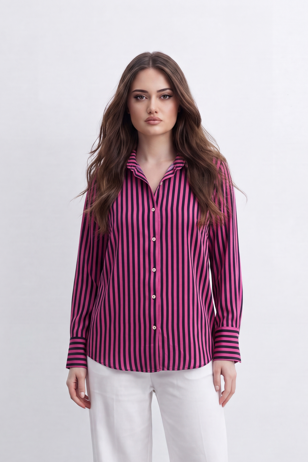 Women’s Tomato Store Line Edit Blouse Vertical Stripe Pattern Button Front Back Pleat Longline Shape And Polished