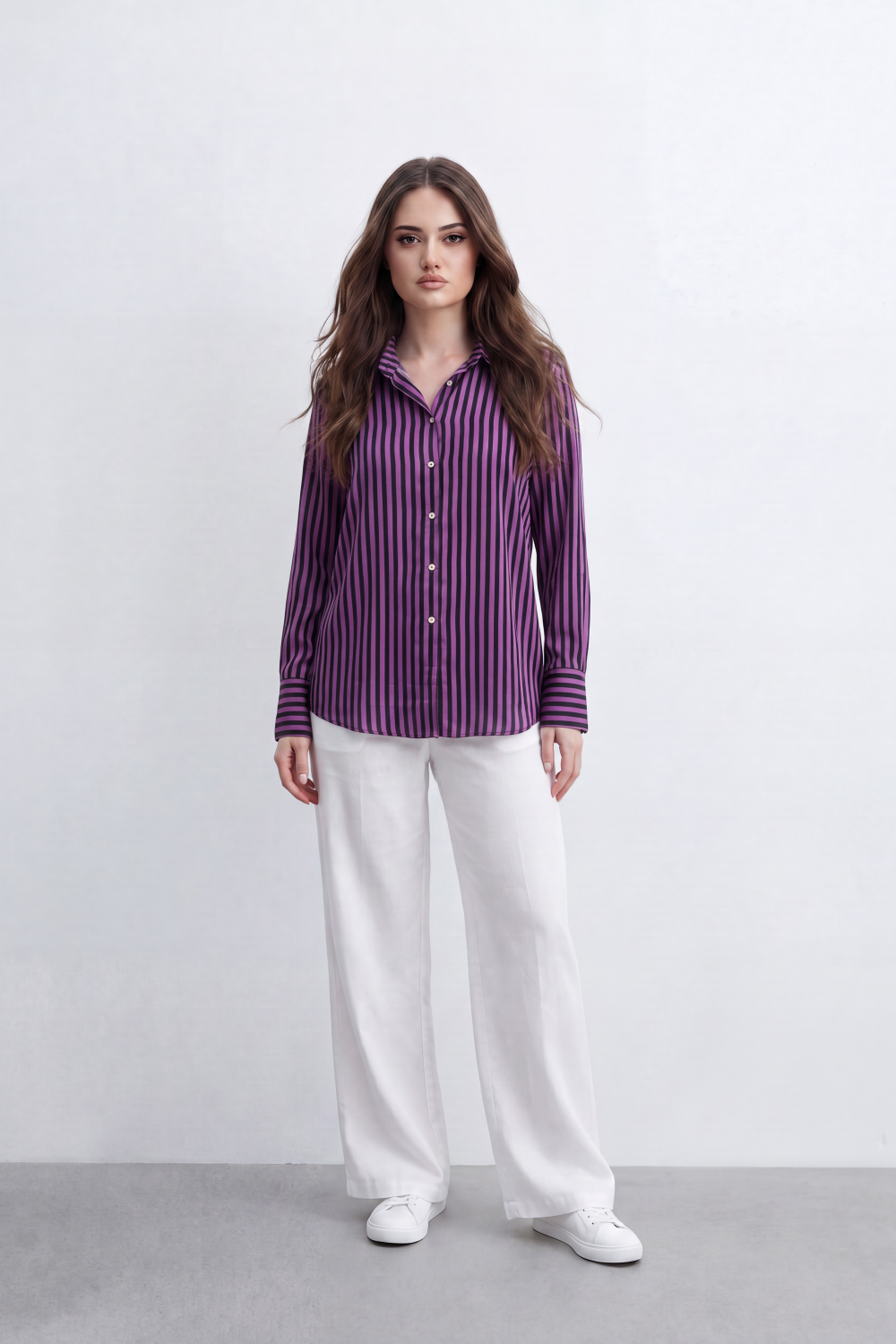 Women’s Tomato Store Line Edit Blouse Vertical Stripe Pattern Button Front Back Pleat Longline Shape And Polished