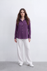 Women’s Tomato Store Line Edit Blouse Vertical Stripe Pattern Button Front Back Pleat Longline Shape And Polished