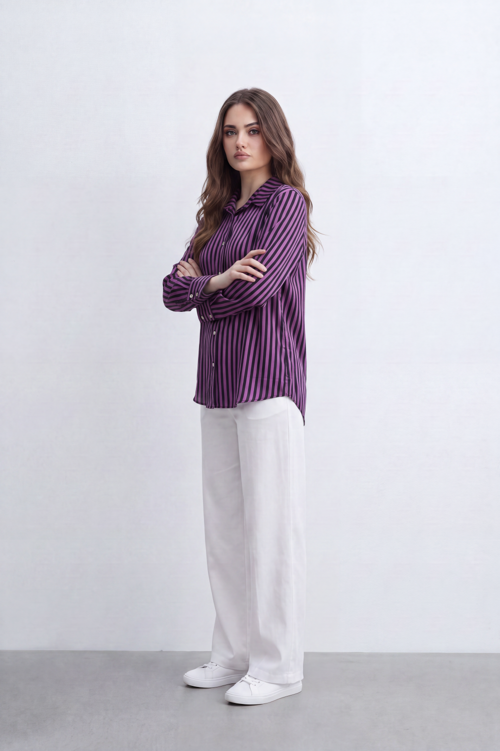 Women’s Tomato Store Line Edit Blouse Vertical Stripe Pattern Button Front Back Pleat Longline Shape And Polished