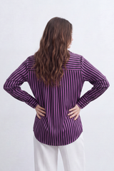 Women’s Tomato Store Line Edit Blouse Vertical Stripe Pattern Button Front Back Pleat Longline Shape And Polished