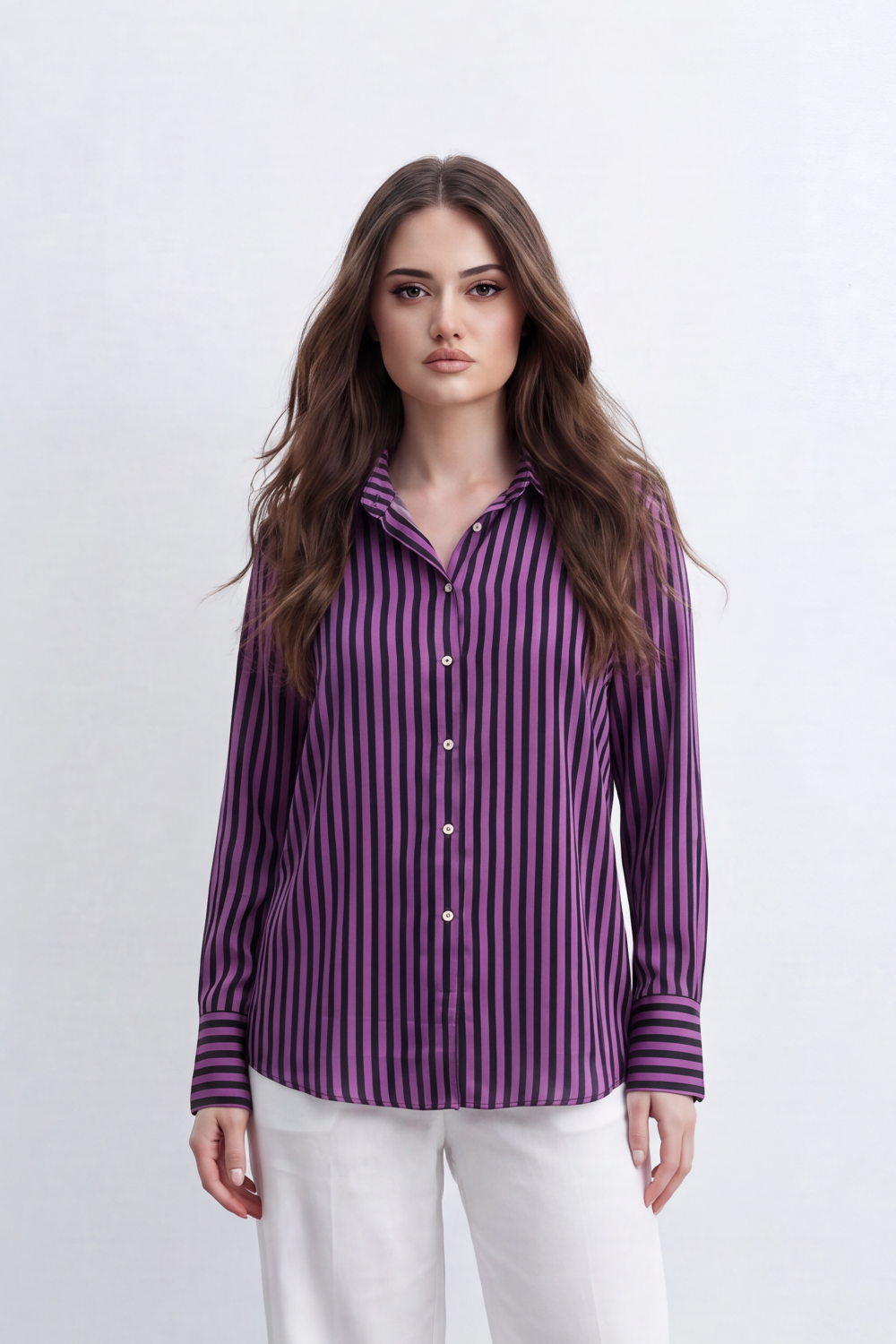 Women’s Tomato Store Line Edit Blouse Vertical Stripe Pattern Button Front Back Pleat Longline Shape And Polished