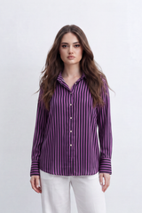 Women’s Tomato Store Line Edit Blouse Vertical Stripe Pattern Button Front Back Pleat Longline Shape And Polished