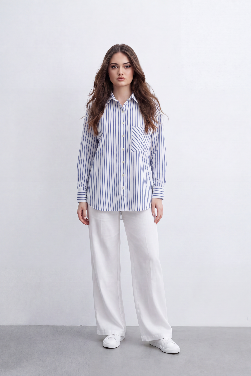 Women’s Tomato Store Line Pocket Blouse Vertical Stripe Pattern Mixed Direction Pocket Back Pleat Longline Shape And Clean Everyday Mood