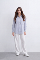 Women’s Tomato Store Line Pocket Blouse Vertical Stripe Pattern Mixed Direction Pocket Back Pleat Longline Shape And Clean Everyday Mood