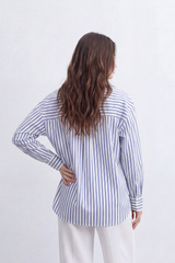 Women’s Tomato Store Line Pocket Blouse Vertical Stripe Pattern Mixed Direction Pocket Back Pleat Longline Shape And Clean Everyday Mood