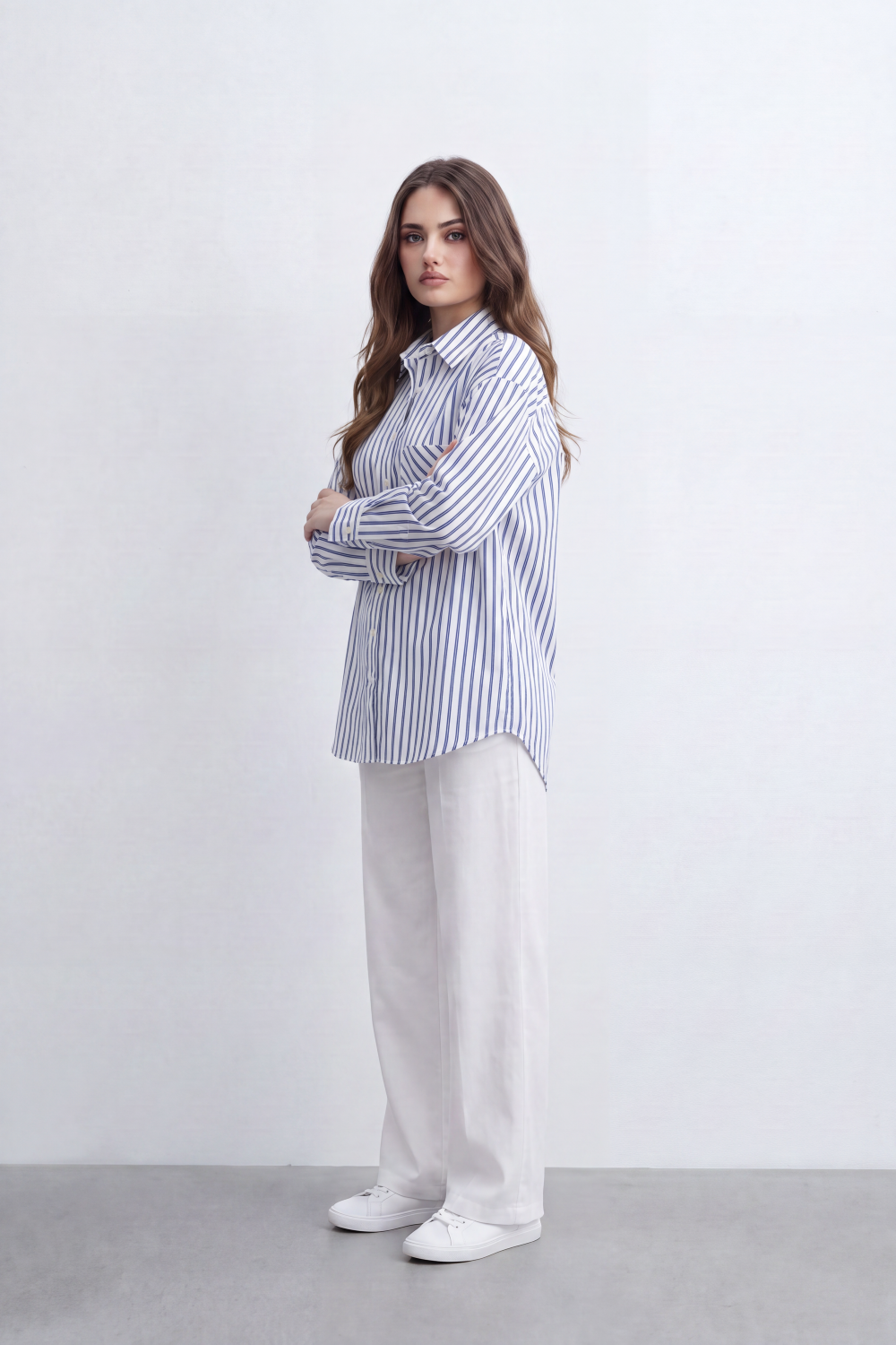 Women’s Tomato Store Line Pocket Blouse Vertical Stripe Pattern Mixed Direction Pocket Back Pleat Longline Shape And Clean Everyday Mood