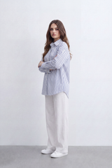 Women’s Tomato Store Line Pocket Blouse Vertical Stripe Pattern Mixed Direction Pocket Back Pleat Longline Shape And Clean Everyday Mood