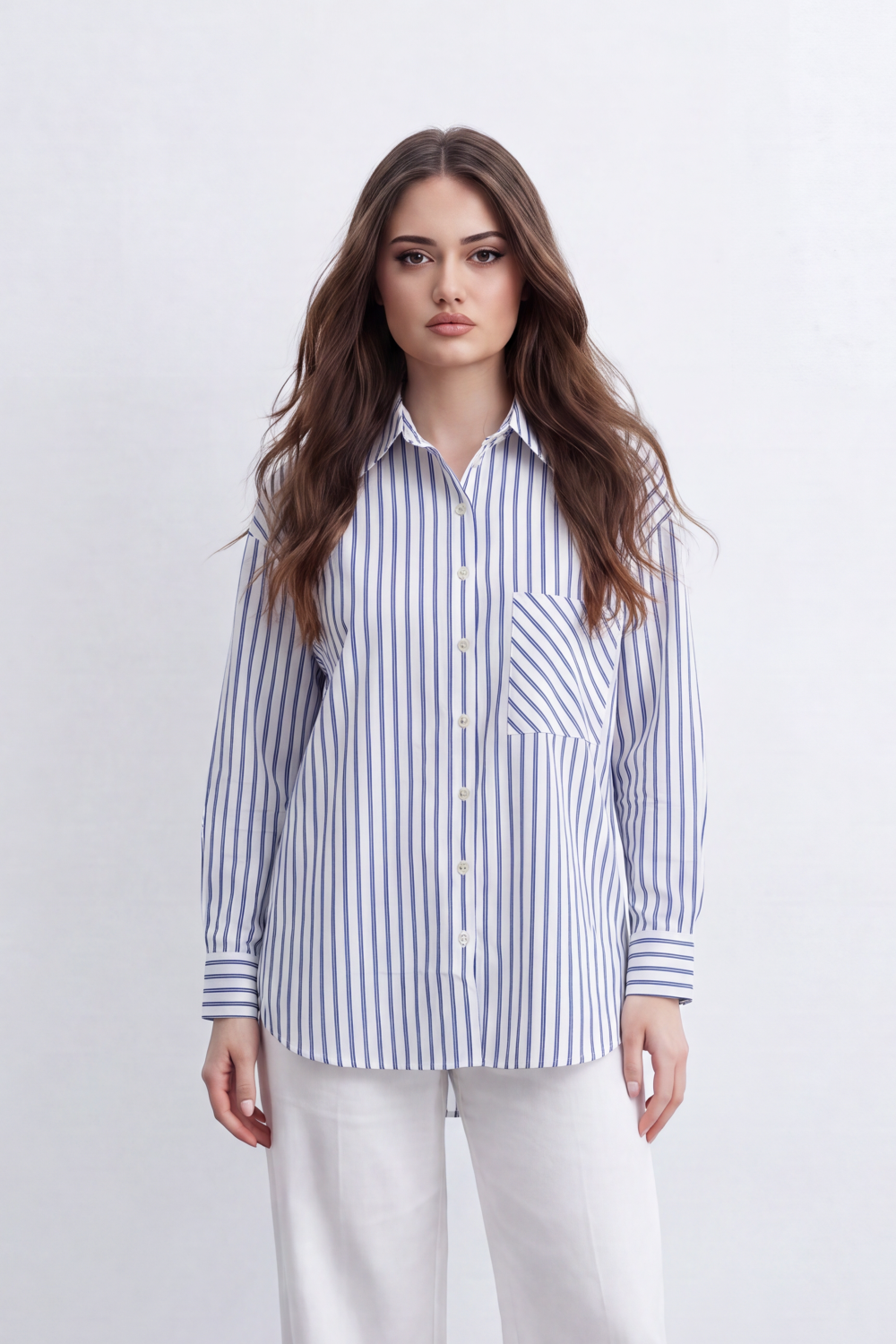 Women’s Tomato Store Line Pocket Blouse Vertical Stripe Pattern Mixed Direction Pocket Back Pleat Longline Shape And Clean Everyday Mood