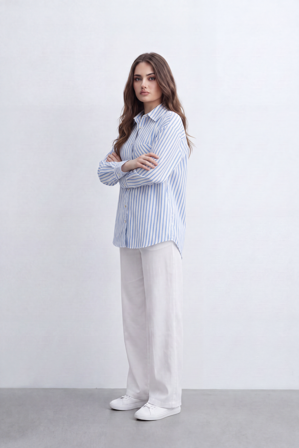 Women’s Tomato Store Line Pocket Blouse Vertical Stripe Pattern Mixed Direction Pocket Back Pleat Longline Shape And Clean Everyday Mood