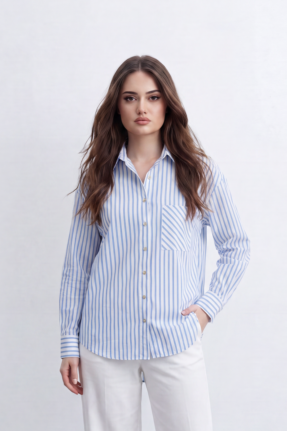 Women’s Tomato Store Line Pocket Blouse Vertical Stripe Pattern Mixed Direction Pocket Back Pleat Longline Shape And Clean Everyday Mood
