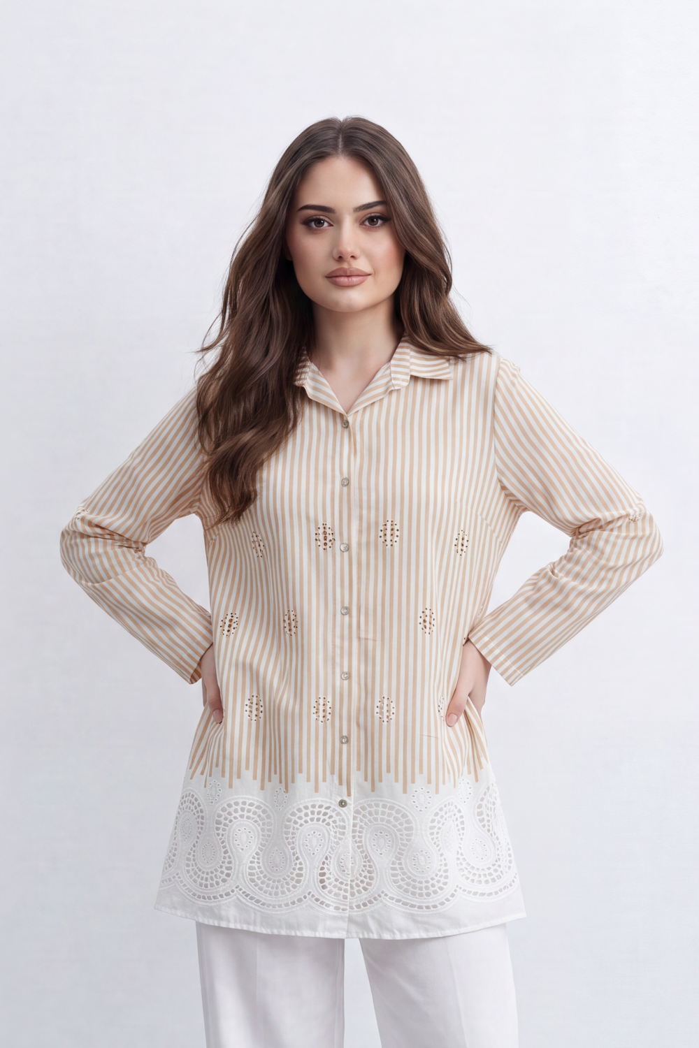 Women’s Tomato Store Stripe Lace Border Blouse Vertical Line Print Meets Cutwork Hem Artwork With Small Stud Embroidery Detail