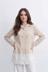 Women’s Tomato Store Stripe Lace Border Blouse Vertical Line Print Meets Cutwork Hem Artwork With Small Stud Embroidery Detail