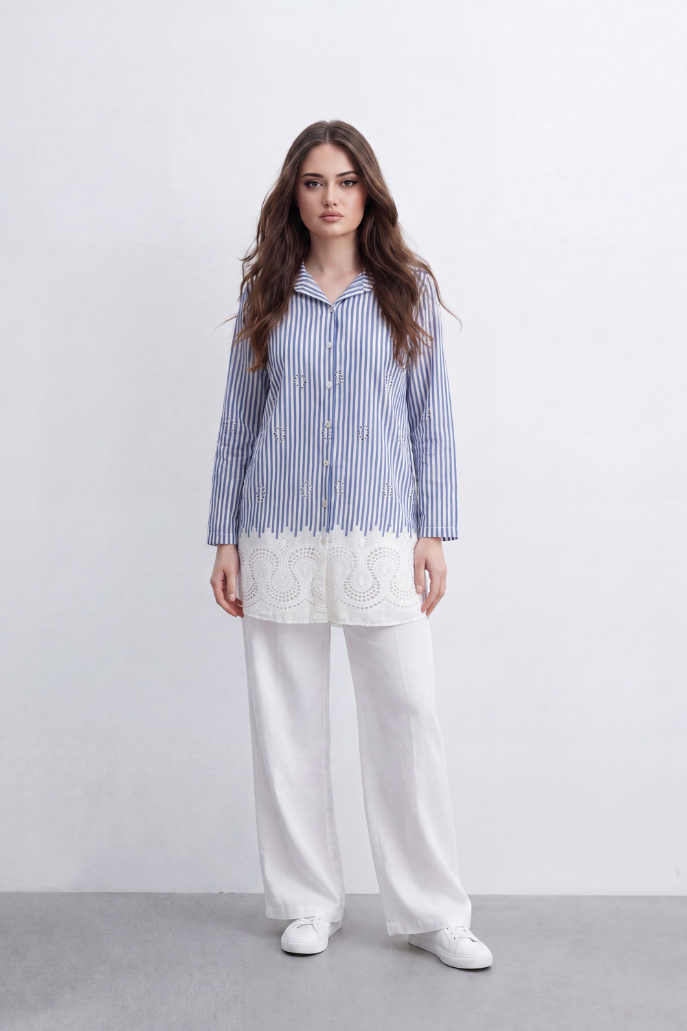 Women’s Tomato Store Stripe Lace Border Blouse Vertical Line Print Meets Cutwork Hem Artwork With Small Stud Embroidery Detail