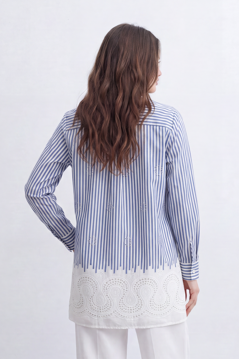 Women’s Tomato Store Stripe Lace Border Blouse Vertical Line Print Meets Cutwork Hem Artwork With Small Stud Embroidery Detail