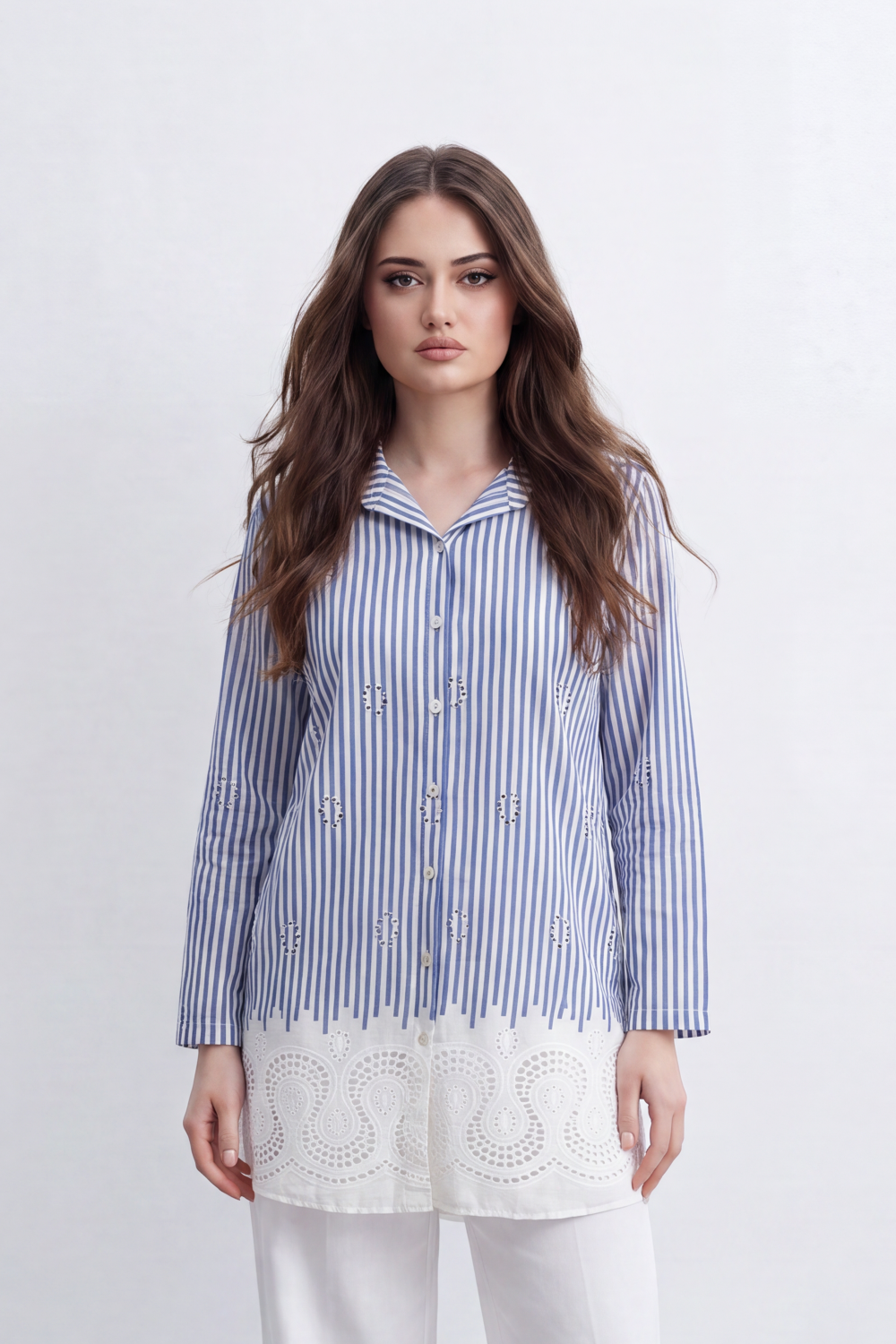 Women’s Tomato Store Stripe Lace Border Blouse Vertical Line Print Meets Cutwork Hem Artwork With Small Stud Embroidery Detail