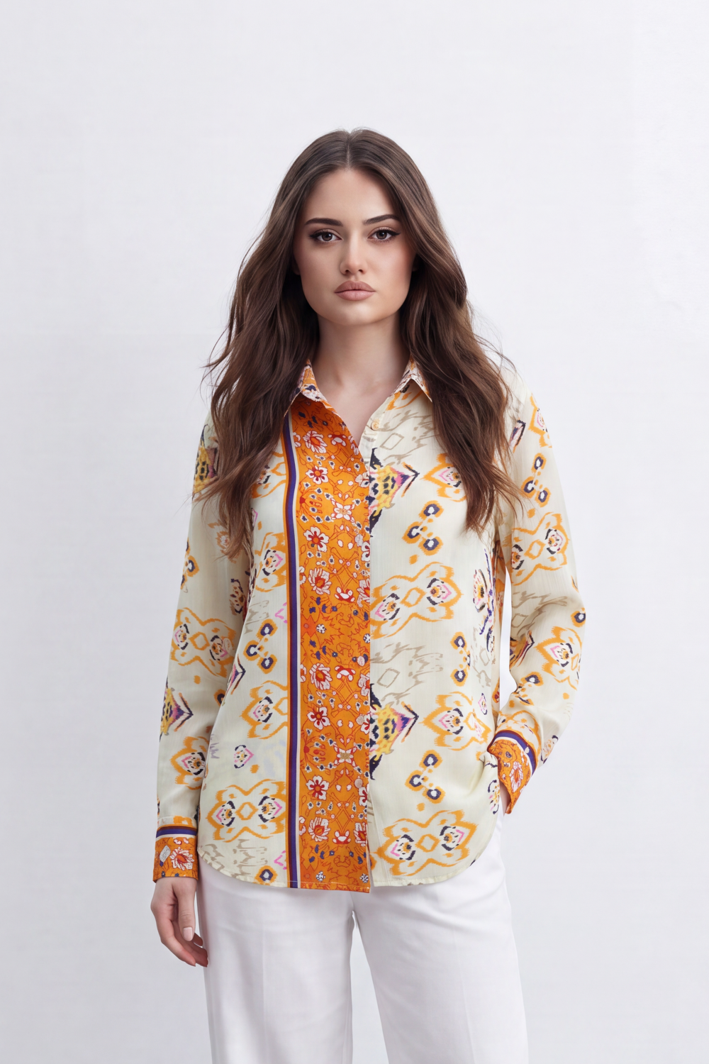Women’s Tomato Store Mosaic Border Blouse Ornamental Paisley And Floral Artwork Mixed Panel Layout Over