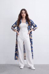 Women’s Tomato Store Botanical Duster Blouse Leaf Print Covers The Full Length Front And Back Soft Matte Texture Button Front Longline Flowing Shape