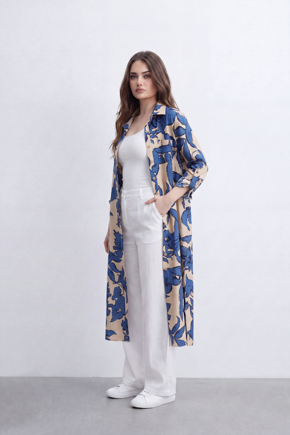 Women’s Tomato Store Botanical Duster Blouse Leaf Print Covers The Full Length Front And Back Soft Matte Texture Button Front Longline Flowing Shape