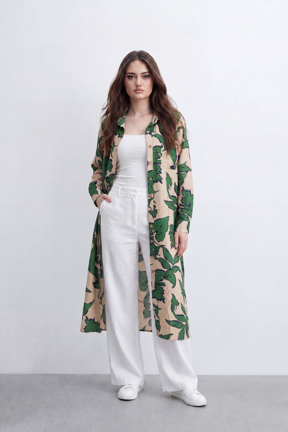 Women’s Tomato Store Botanical Duster Blouse Leaf Print Covers The Full Length Front And Back Soft Matte Texture Button Front Longline Flowing Shape