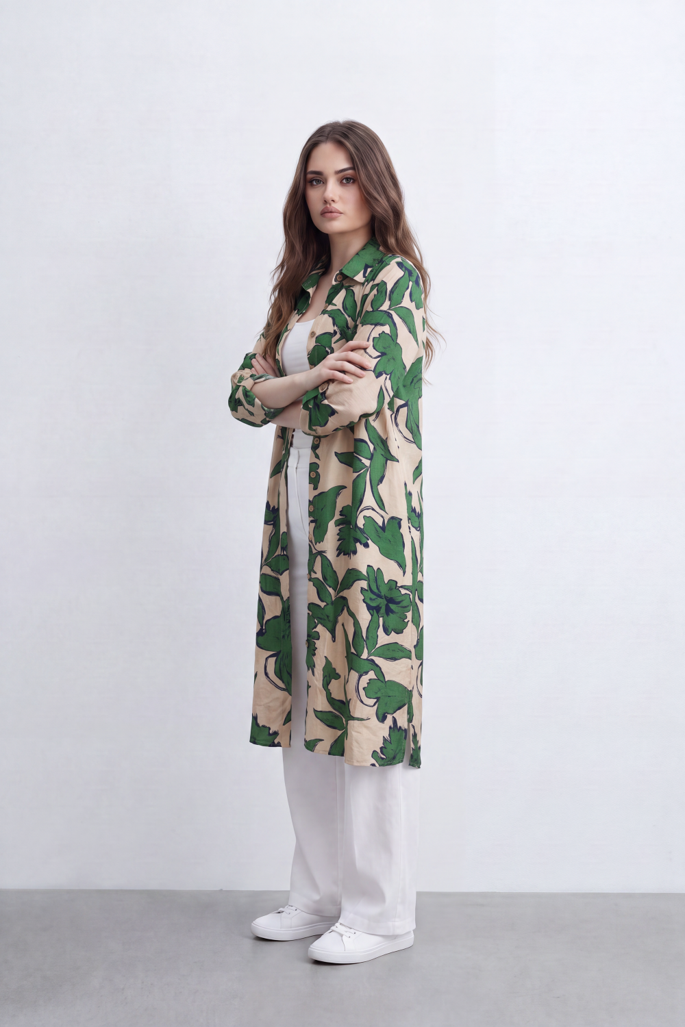 Women’s Tomato Store Botanical Duster Blouse Leaf Print Covers The Full Length Front And Back Soft Matte Texture Button Front Longline Flowing Shape