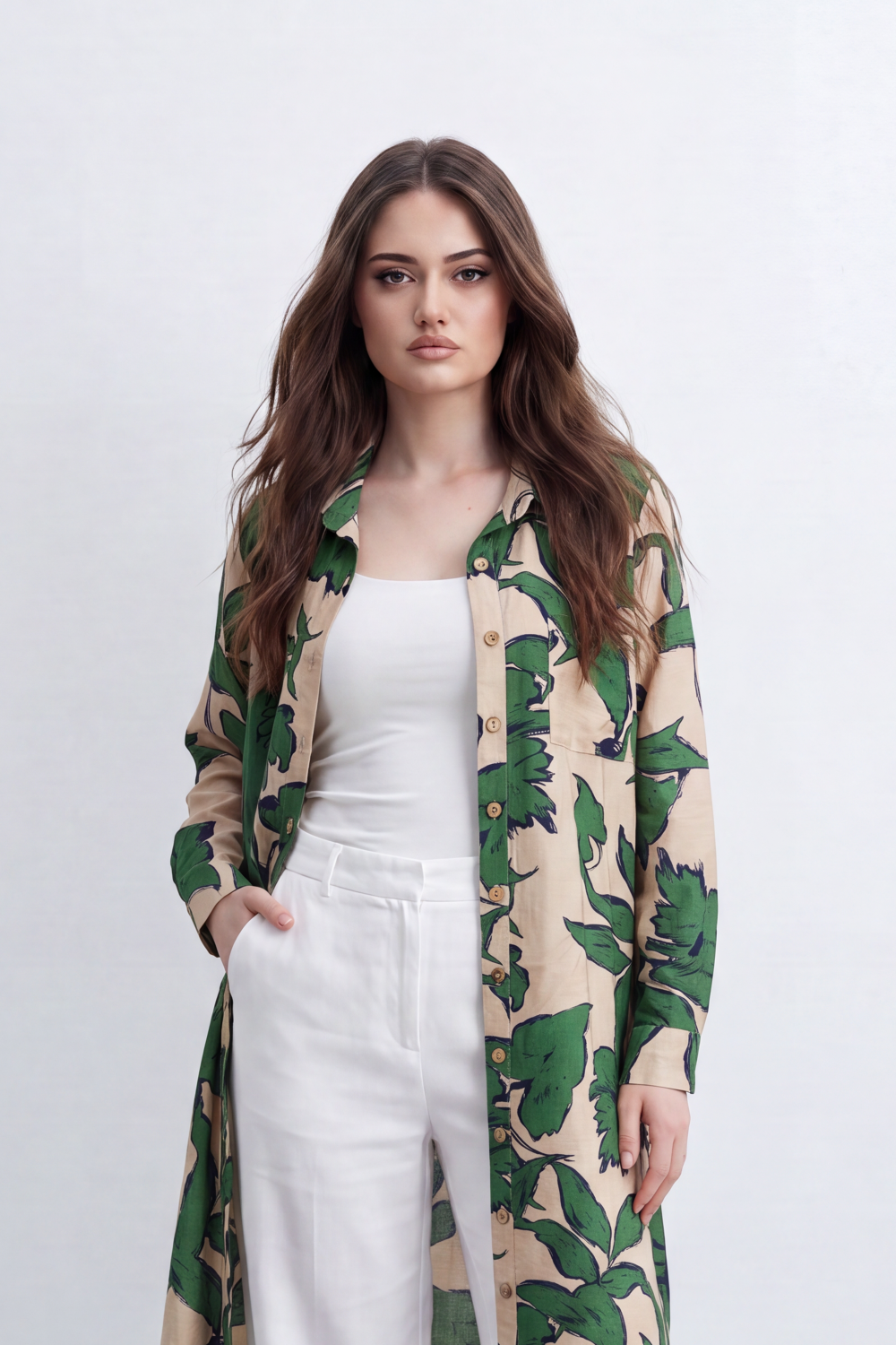 Women’s Tomato Store Botanical Duster Blouse Leaf Print Covers The Full Length Front And Back Soft Matte Texture Button Front Longline Flowing Shape