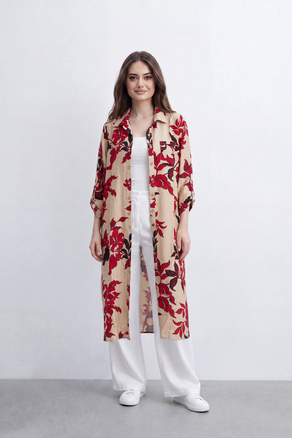 Women’s Tomato Store Botanical Duster Blouse Leaf Print Covers The Full Length Front And Back Soft Matte Texture Button Front Longline Flowing Shape