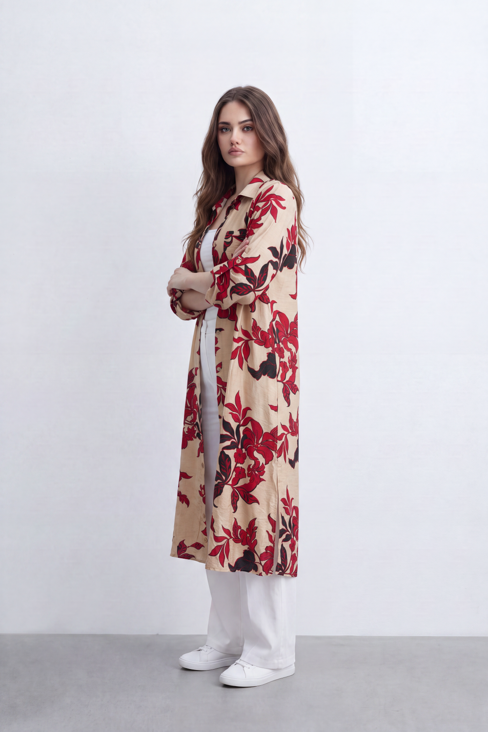 Women’s Tomato Store Botanical Duster Blouse Leaf Print Covers The Full Length Front And Back Soft Matte Texture Button Front Longline Flowing Shape