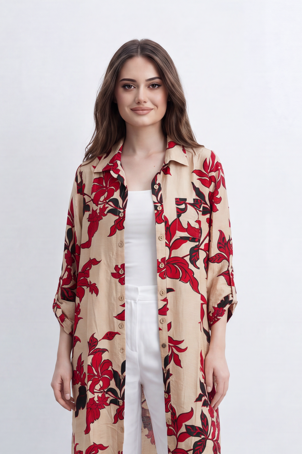 Women’s Tomato Store Botanical Duster Blouse Leaf Print Covers The Full Length Front And Back Soft Matte Texture Button Front Longline Flowing Shape