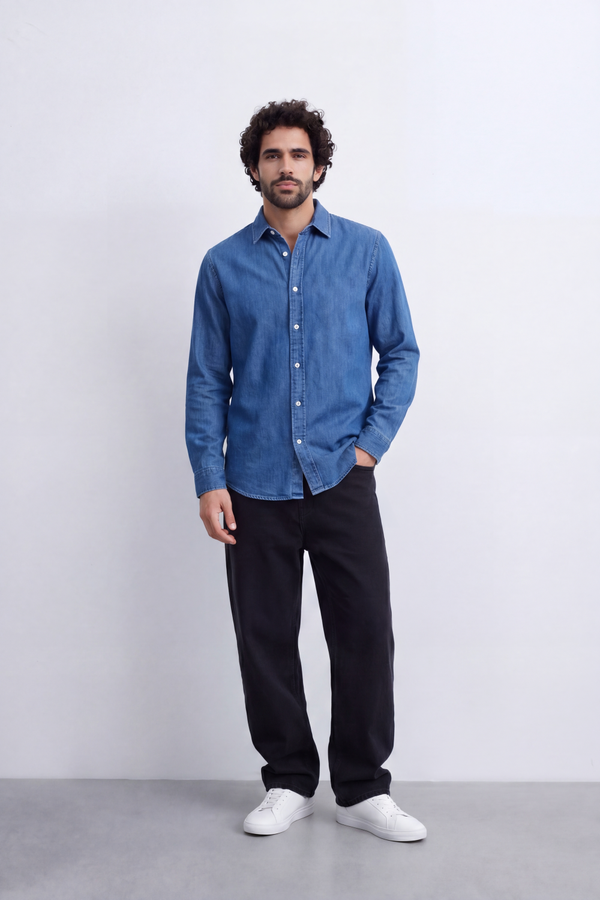 Men's Regular Fit Jeans Denim Shirt Classic Chest Pocket Button Up Tomato Store Casual Everyday Style