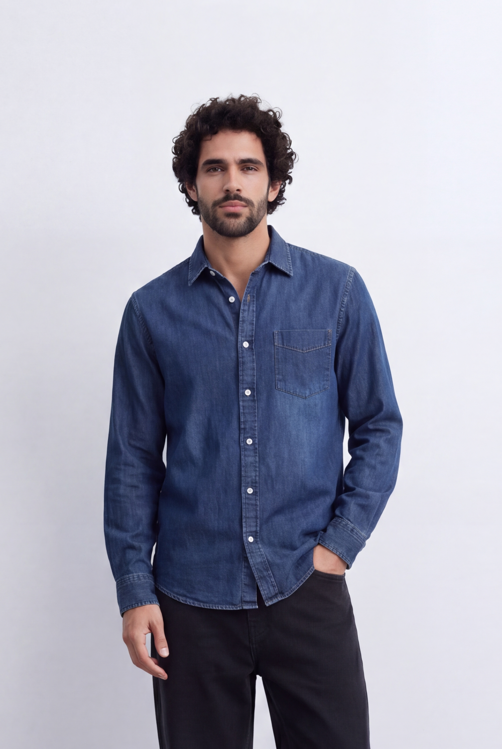 Men's Regular Fit Long Sleeve Jeans Denim Shirt Classic Chest Pocket Button Up Tomato Store Casual Everyday Style