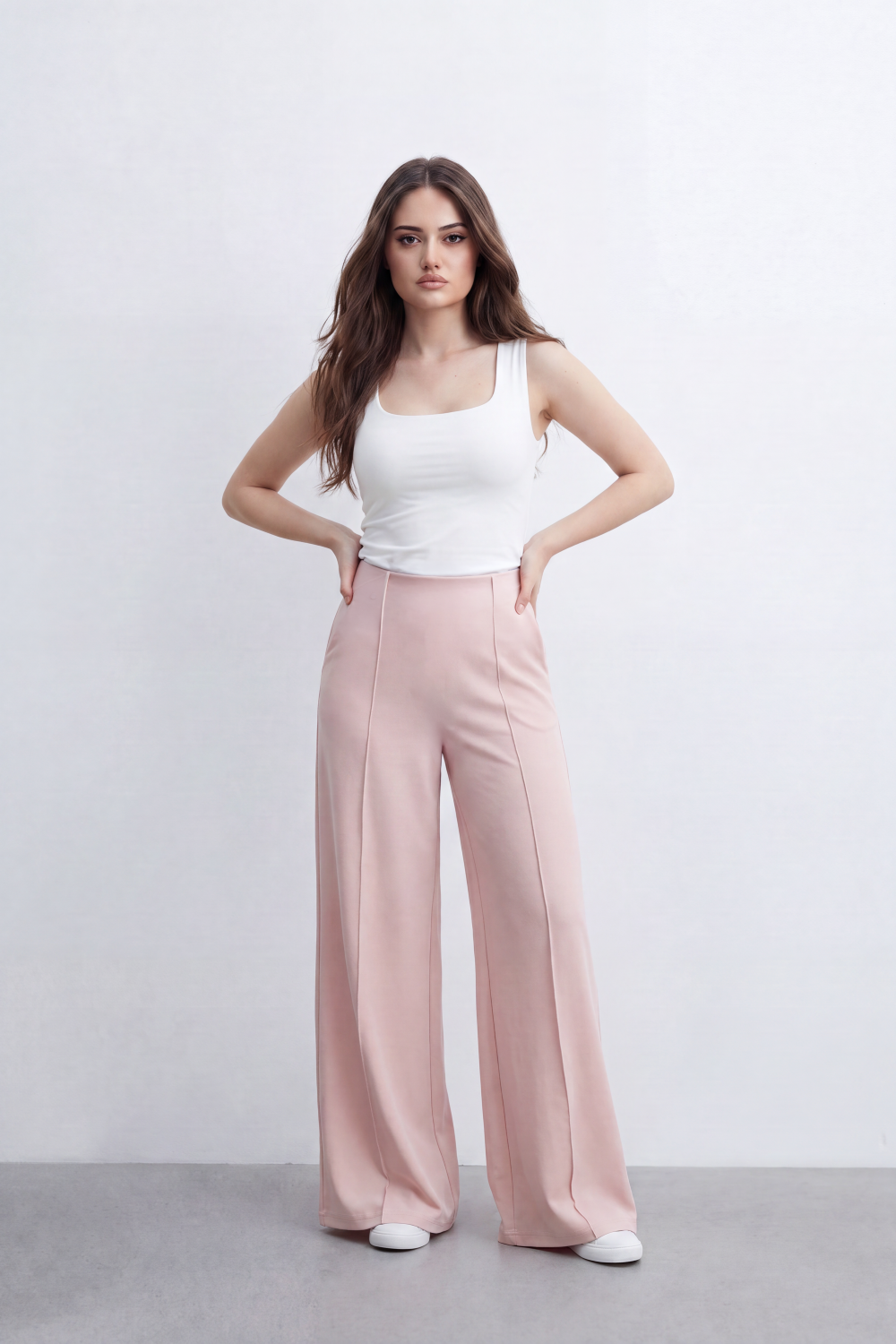Women’s Tomato Store Seam Flow Wide Legen Pants Smooth Plain Surface Defined By Front Pintuck Lines