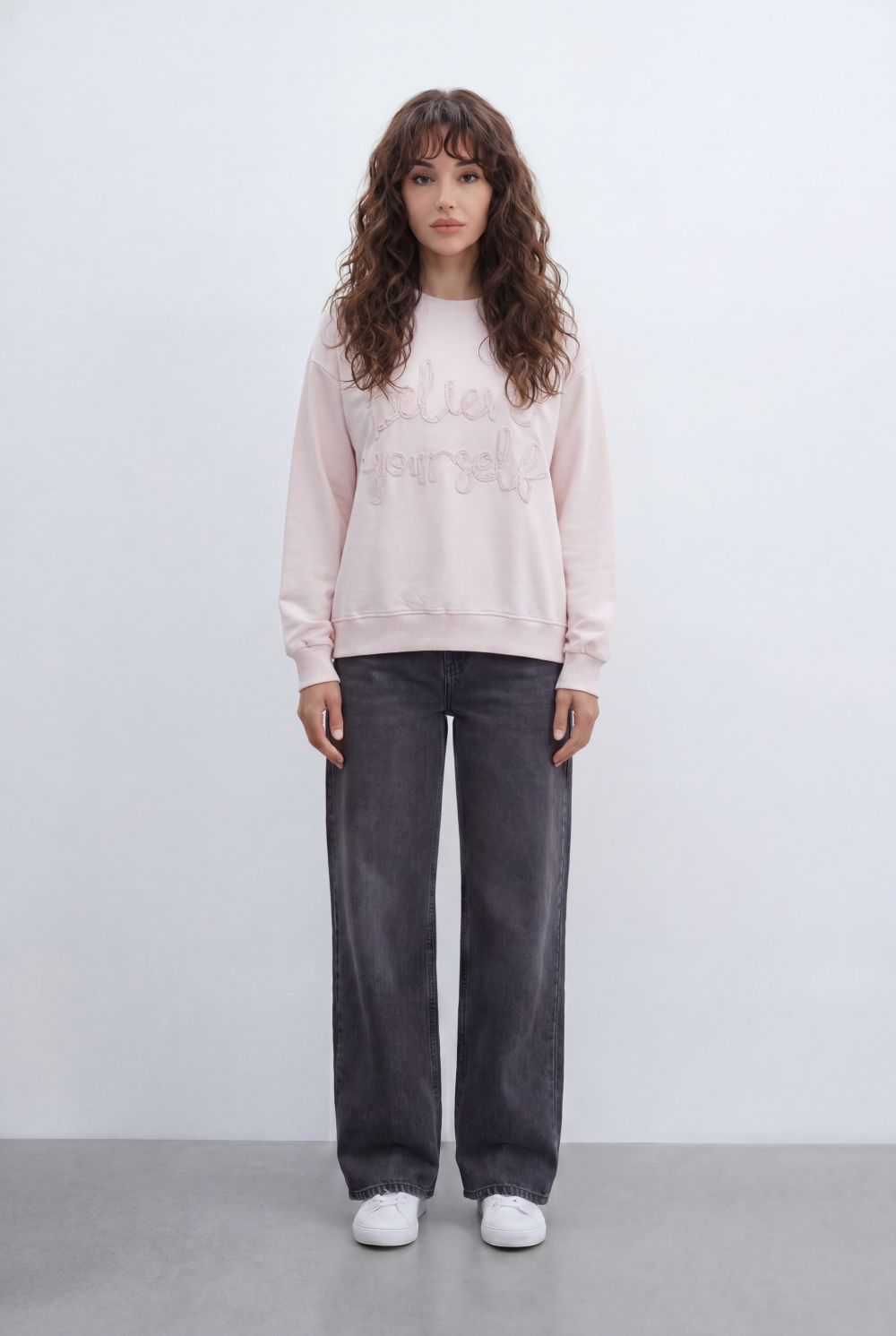 Women’s Tomato Store Soft Script T-Shirt With Brushed Fleece Surface Raised Bouclé Embroidery Front Placement Tonal Letter Artwork