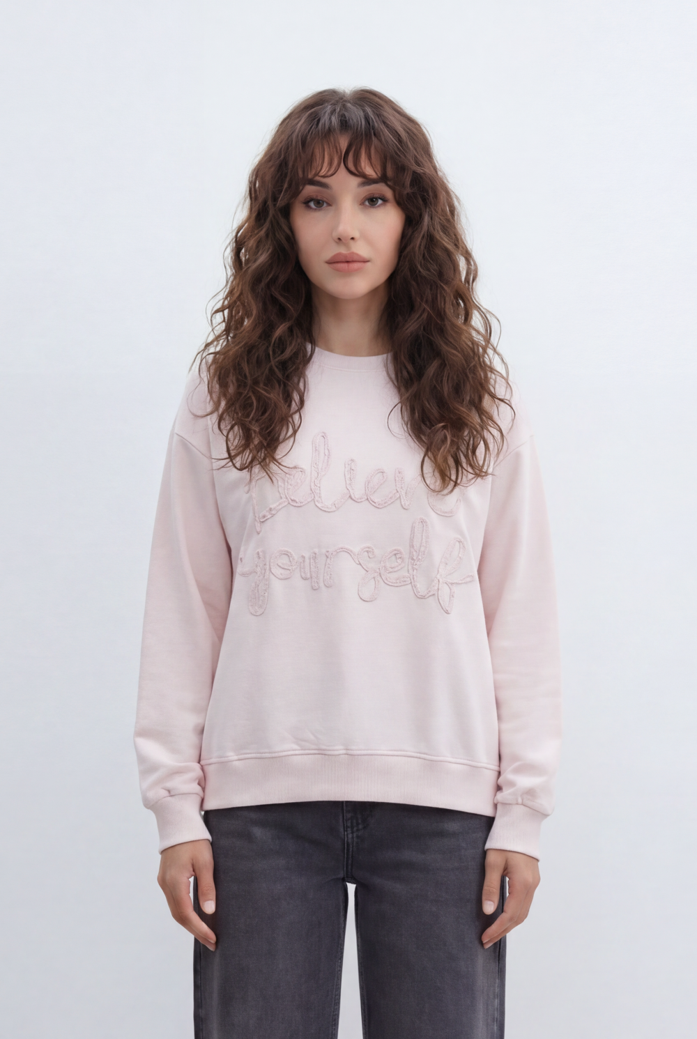 Women’s Tomato Store Soft Script T-Shirt With Brushed Fleece Surface Raised Bouclé Embroidery Front Placement Tonal Letter Artwork