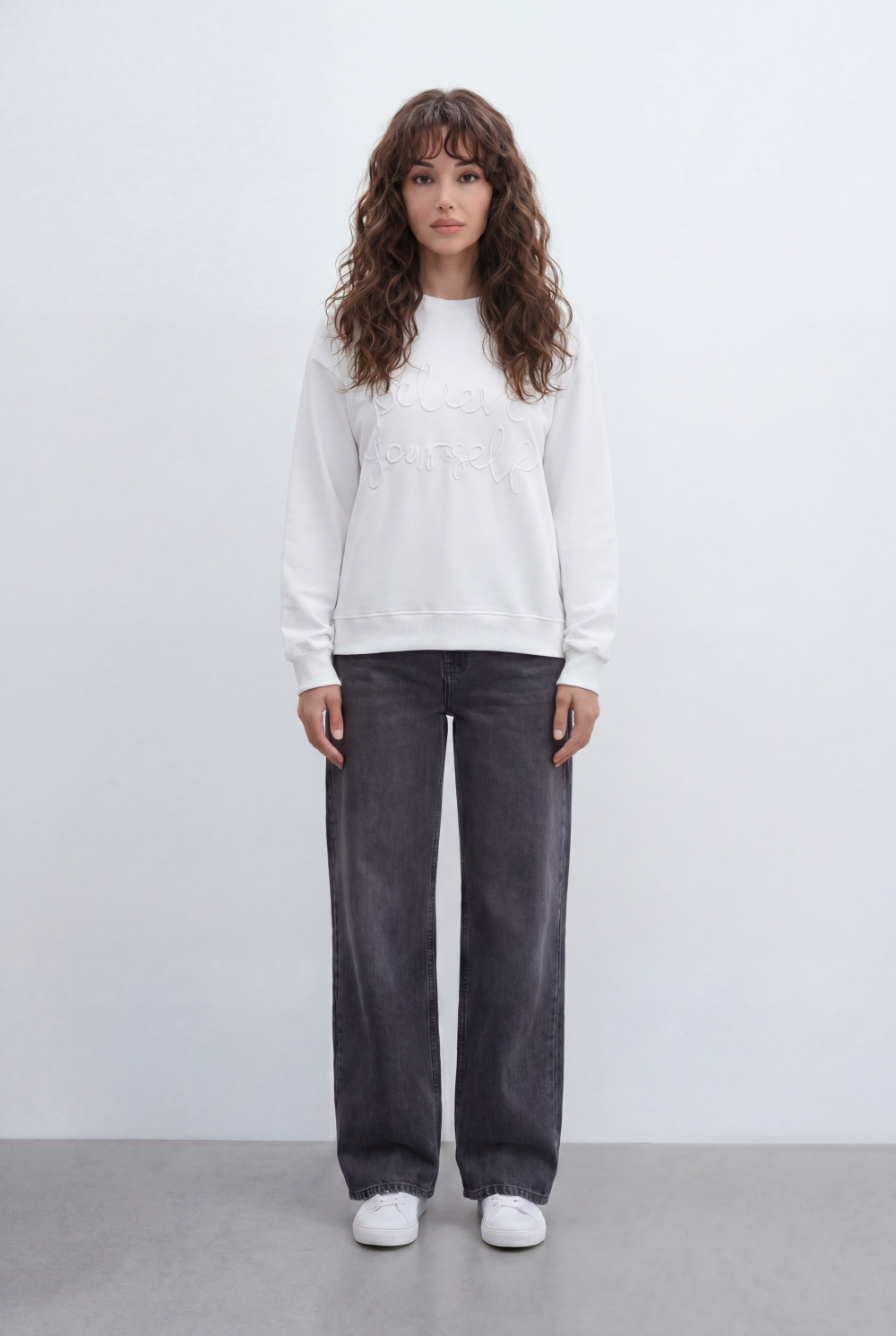 Women’s Tomato Store Soft Script T-Shirt With Brushed Fleece Surface Raised Bouclé Embroidery Front Placement Tonal Letter Artwork