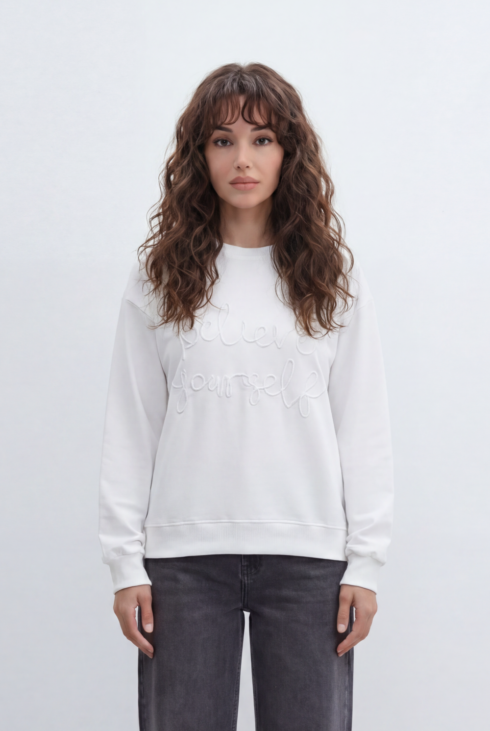 Women’s Tomato Store Soft Script T-Shirt With Brushed Fleece Surface Raised Bouclé Embroidery Front Placement Tonal Letter Artwork
