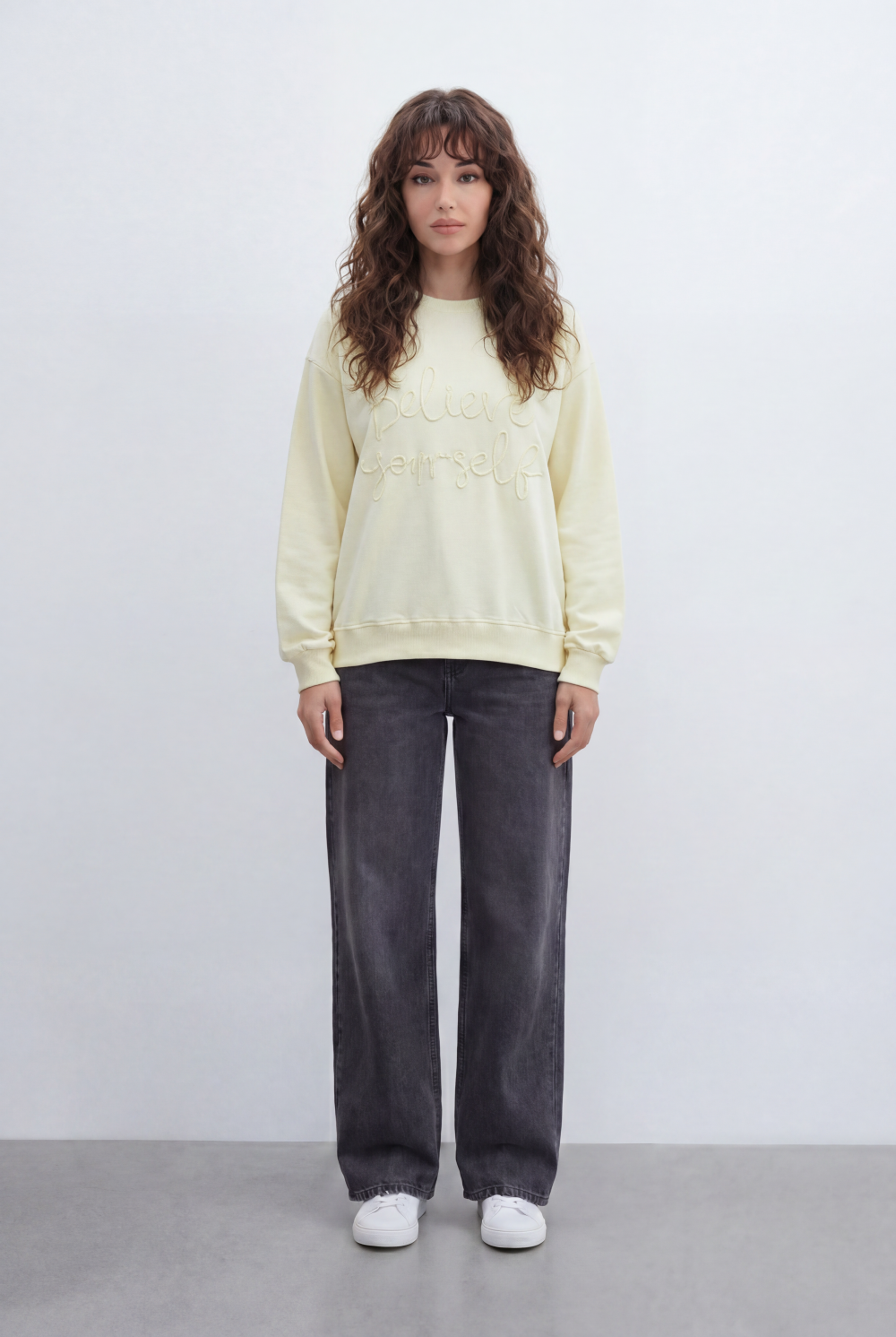 Women’s Tomato Store Soft Script T-Shirt With Brushed Fleece Surface Raised Bouclé Embroidery Front Placement Tonal Letter Artwork