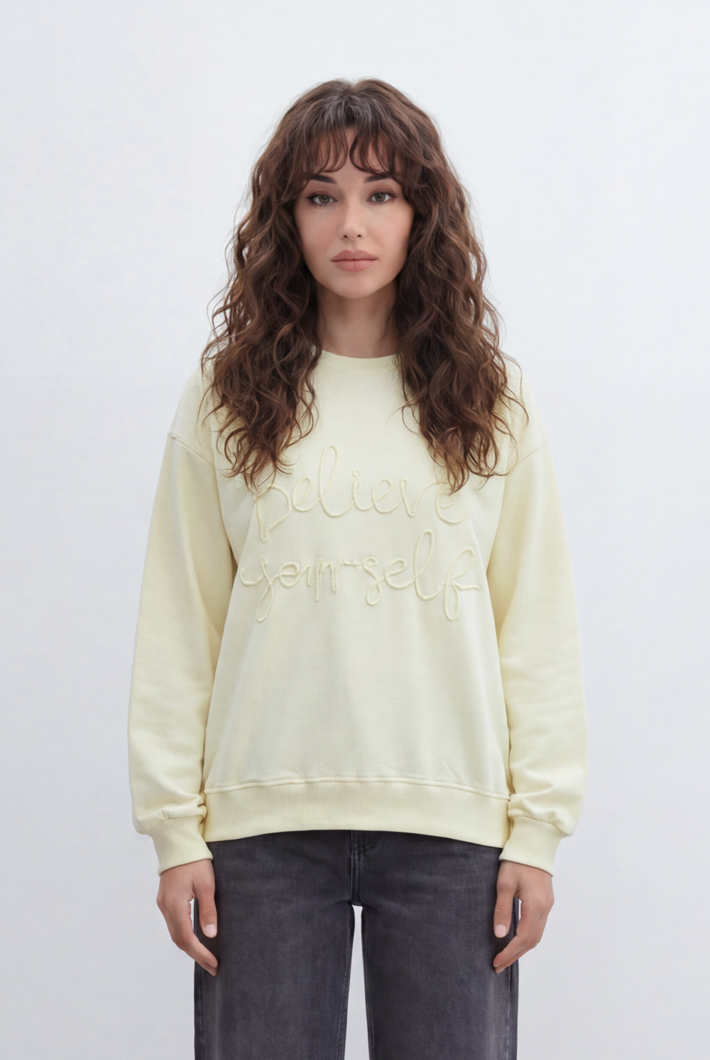 Women’s Tomato Store Soft Script T-Shirt With Brushed Fleece Surface Raised Bouclé Embroidery Front Placement Tonal Letter Artwork