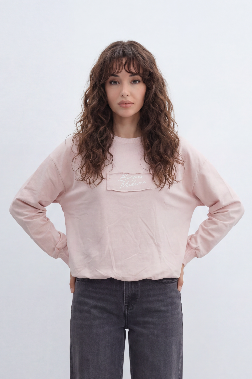 Women’s Tomato Store Bonjour Patch T-Shirt Centered Script Label Detail Smooth Plain Surface Relaxed