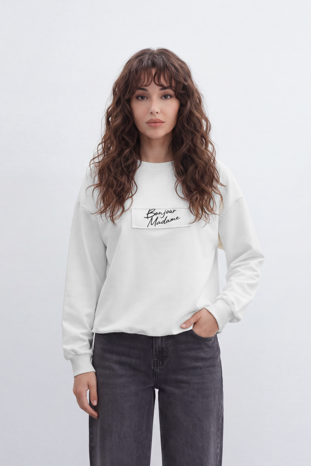 Women’s Tomato Store Bonjour Patch T-Shirt Centered Script Label Detail Smooth Plain Surface Relaxed