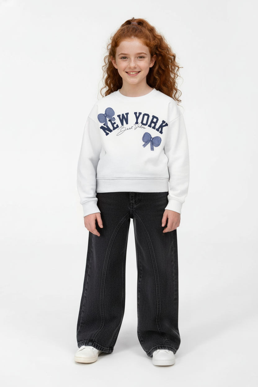 Girl’s Slim Fit Melton Round Neck Front Print Sweatshirt